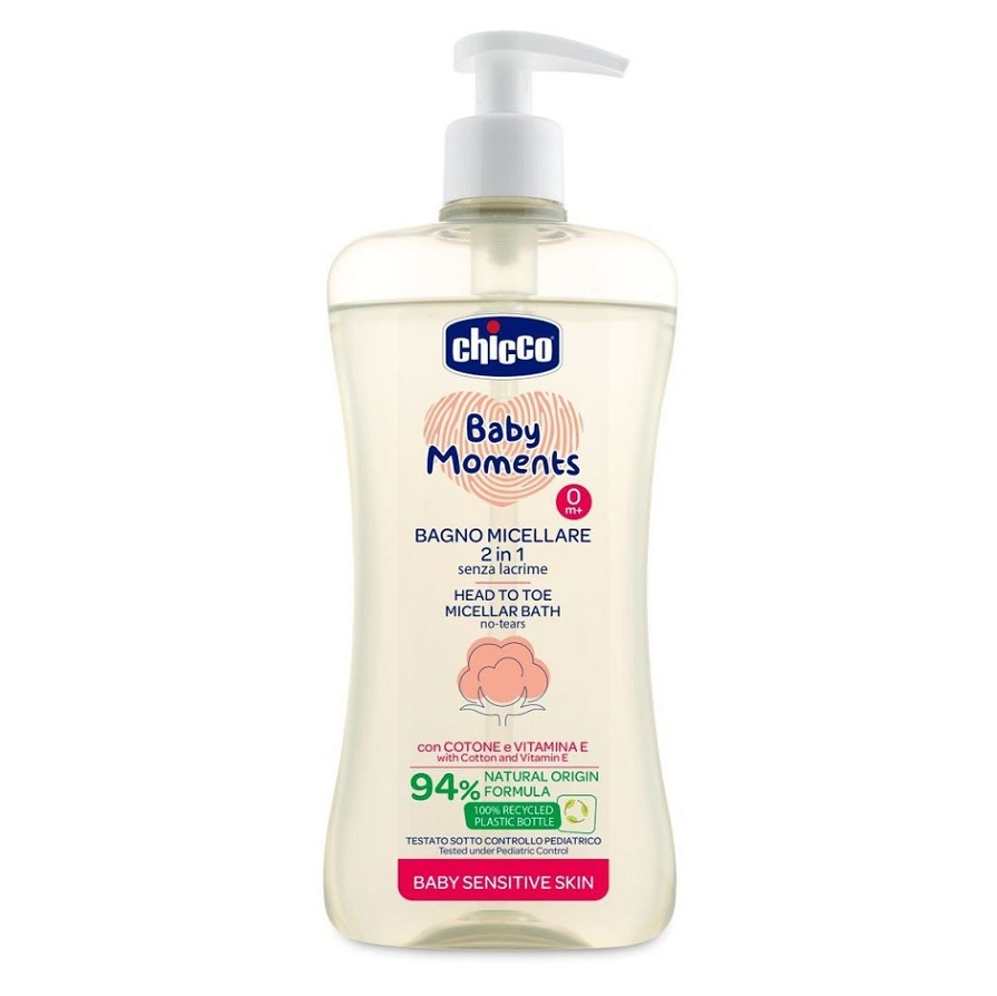 E-shop CHICCO Šampon micelární na vlasy a tělo s dávkovačem Baby Moments Sensitive 94% přírod. složek 500 ml