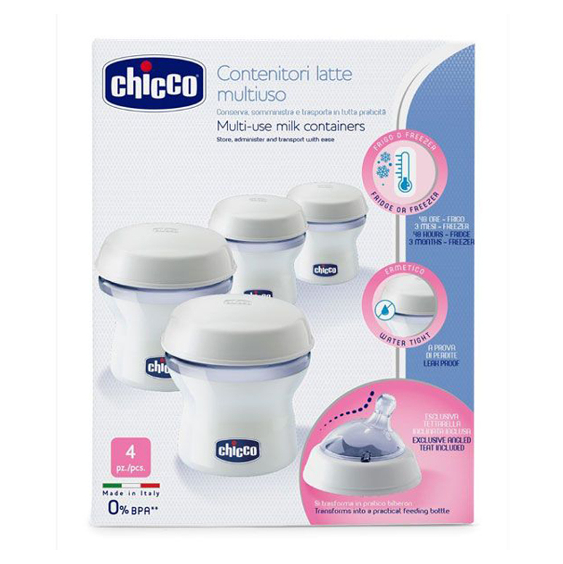 E-shop CHICCO Zásobníky víceúčelové na mateřské mléko s lahvovou násadkou natural feeling 4 ks