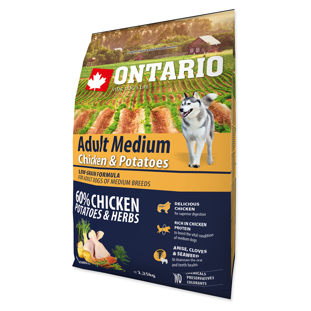 E-shop ONTARIO Dog Adult Medium chicken & potatoes & herbs granule pro psy 2,25 kg