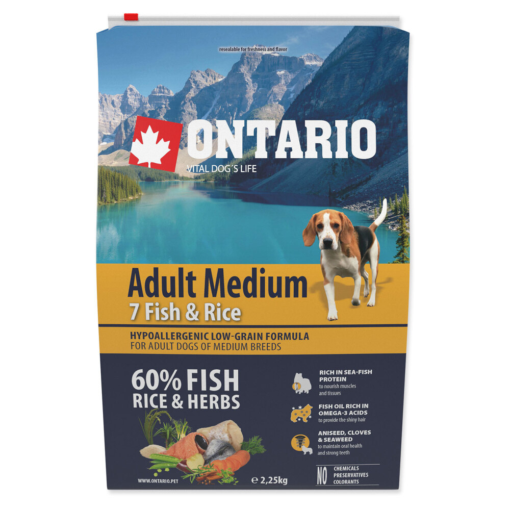 E-shop ONTARIO Dog Adult Medium fish & rice granule pro psy 2,25 kg