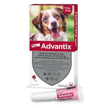 ADVANTIX Spot-on pro psy 10-25 kg 2,5 ml 4 pipety (Pipety proti klíšťatům a blechám pro psy)