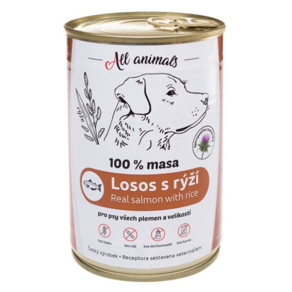 E-shop ALL ANIMALS konzerva losos mletý s rýží pro psy 400 g