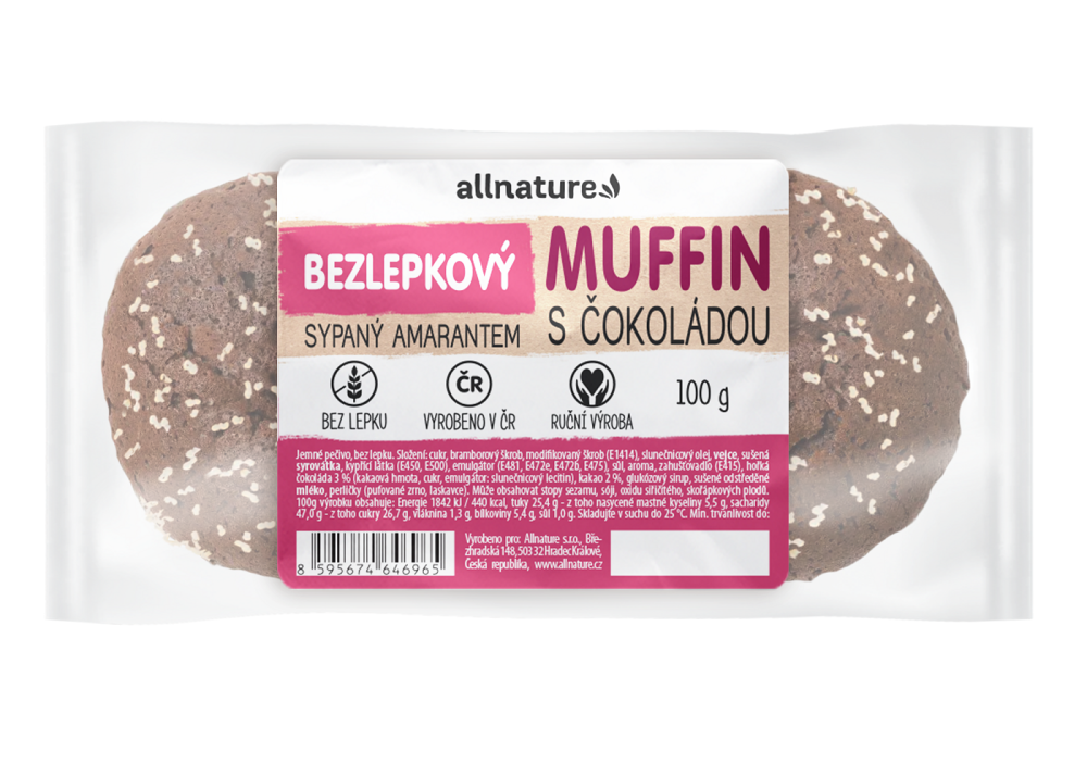 E-shop ALLNATURE Bezlepkový Muffin s čokoládou sypaný amaranthem čerstvý 100 g