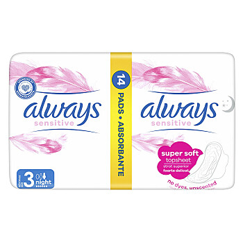 ALWAYS Ultra Sensitive Night vel.3 Hygienické vložky s křidélky 14 ks (Menstruační vložky) - Noční, Super plus, Normal