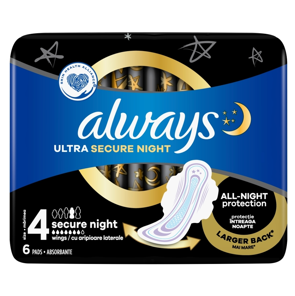 Levně ALWAYS Ultra Hygienické Vložky Secure Night s křidélky velikost 4 - 6 kusů