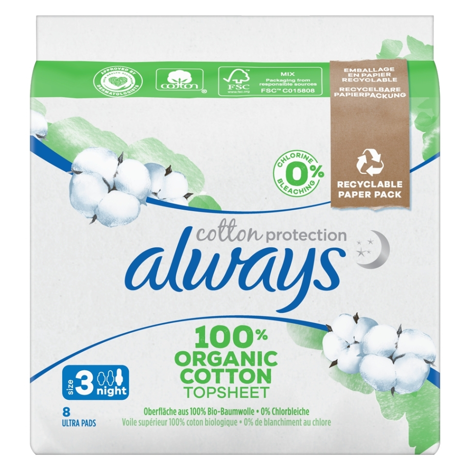 Levně ALWAYS Hygienické vložky Organic Cotton Night 8 kusů