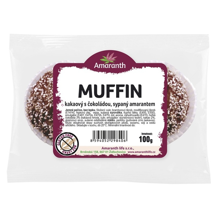 AMARANTH Bezlepkový muffin kakaový s čokoládou sypaný amarantem 2 kusy