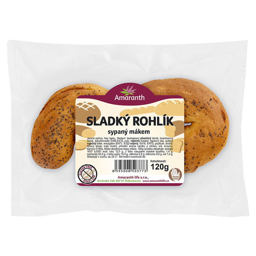 AMARANTH Bezlepkový rohlík sladký sypaný mákem 2 kusy