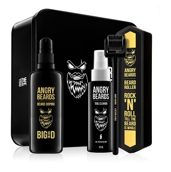 ANGRY BEARDS Beard Roller + Beard Doping BIG D 100 ml + Tool Cleaner 50 ml Dárková sada pro růst vousů (Kosmetické balíčky)