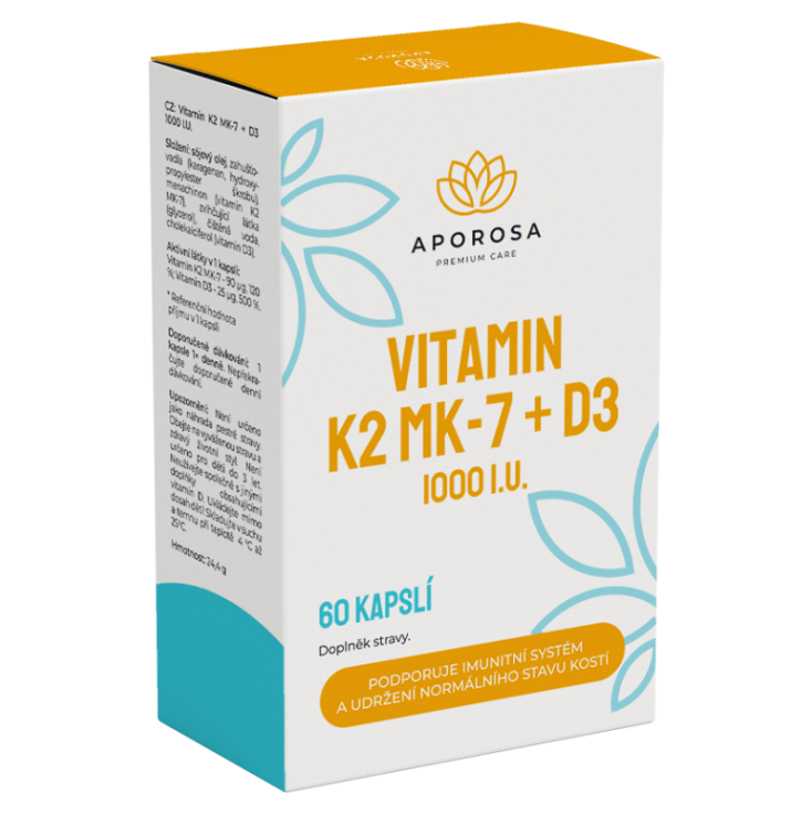 Levně APOROSA Vitamin K2 MK-7 + D3 1000 I.U. 60 kapslí