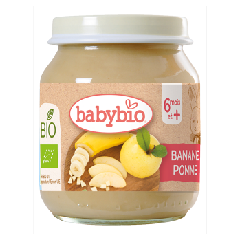 BABYBIO Bio banán a jablko 6m+ 130 g (Ovocné přesnídávky) - BIO, Ekologické