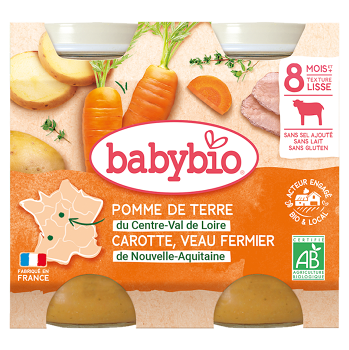 BABYBIO Brambory s mrkví, rajčaty a telecím masem 2x200 g (Masozeleninové příkrmy) - BIO