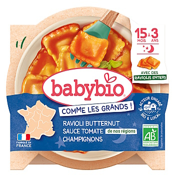 BABYBIO Ravioli s dýňovou nádivkou, rajčatovým pyré a žampiony 190 g (Těstovinové, rýžové příkrmy)