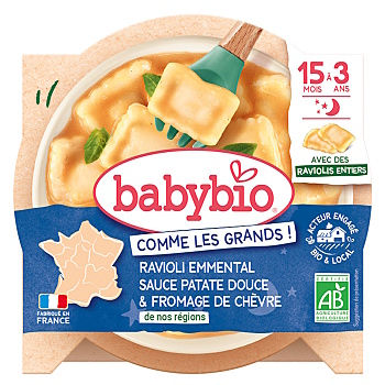 BABYBIO Celé ravioli s ementálem, pyré ze sladkých brambor a sýr 190 g (Těstovinové, rýžové příkrmy)