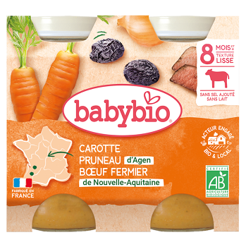BABYBIO Denní menu Mrkev a sušené švestky s hovězím masem 2x200 g, poškozený obal (Masozeleninové příkrmy) - BIO