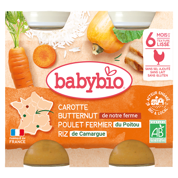 BABYBIO Denní menu Mrkev s máslovou dýní, kuřetem a rýží 2x200 g (Masozeleninové příkrmy) - BIO