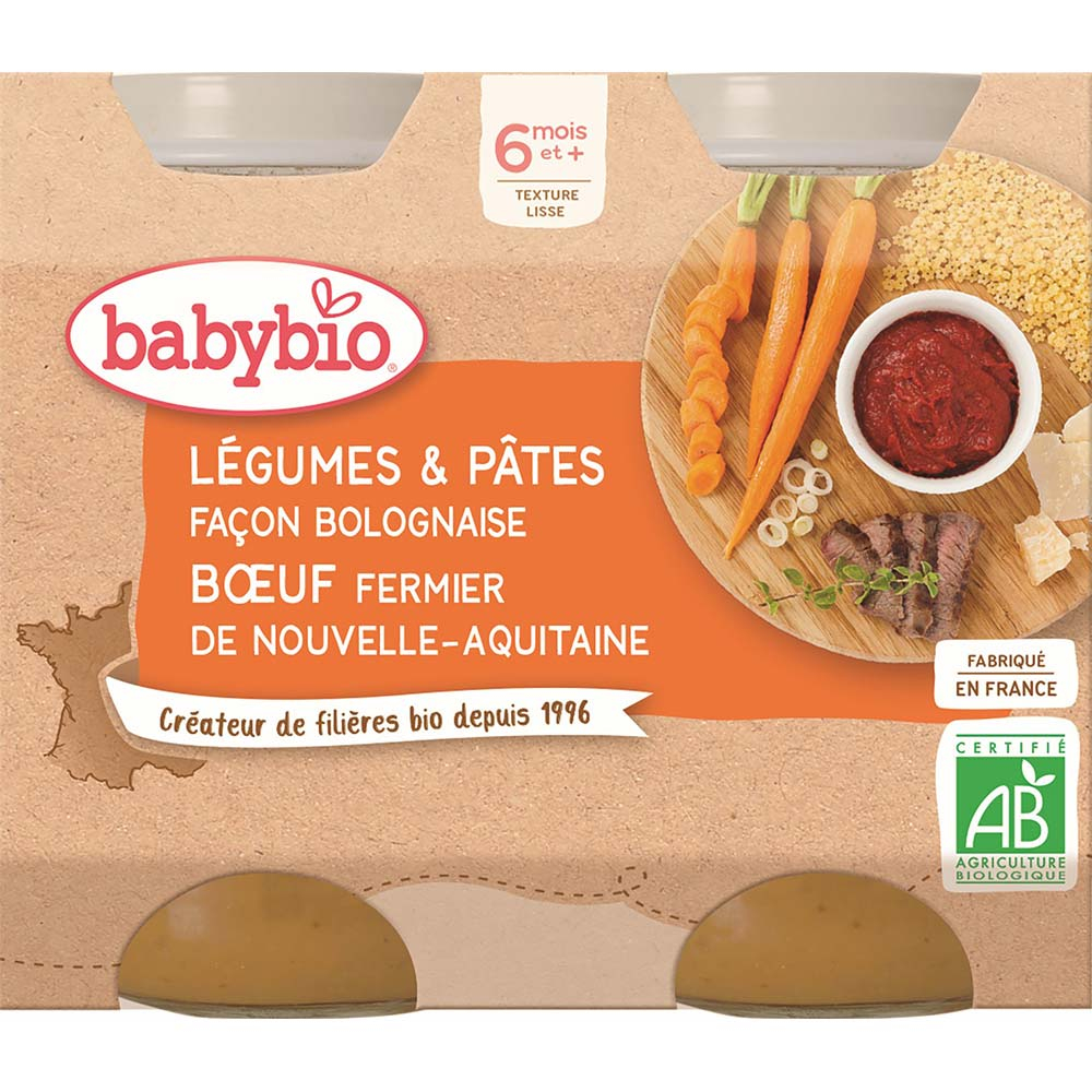 BABYBIO Denní menu Zelenina s těstovinami na boloňský způsob s farmářským hovězím masem 2x200 g