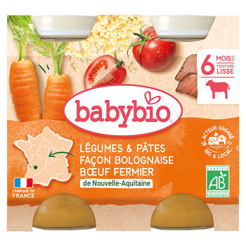 BABYBIO Denní menu Zelenina s těstovinami na boloňský způsob s farmářským hovězím masem 2x200 g (Masozeleninové příkrmy) - BIO