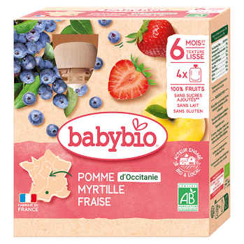 BABYBIO Jablko s borůvkou a jahody 6m+ 4 x 90 g (Svačinové kapsičky) - BIO