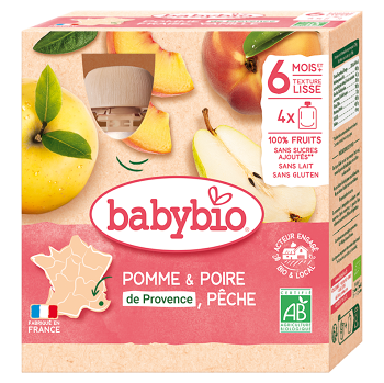 BABYBIO Jablko s hruškou a broskví 6m+ 4 x 90 g (Svačinové kapsičky) - BIO