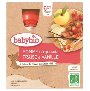 BABYBIO Jablko s jahodou a vanilkou od 6.měsíce 4x 90 g
