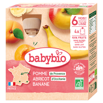 BABYBIO Jablko s meruňkou a banánem 6m+ 4 x 90 g (Svačinové kapsičky) - BIO