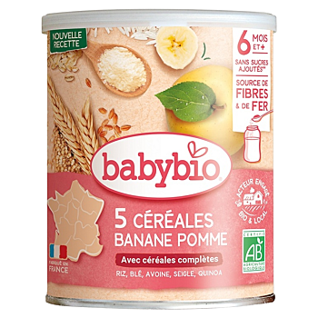 BABYBIO Nemléčná 5zrnná obilná kaše immunité s banánem a jablkem 220 g (Nemléčné kaše) - Instantní, BIO, Ekologické