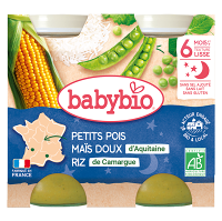 BABYBIO Večerní menu Hrášek se sladkou kukuřicí a rýží 2x200 g