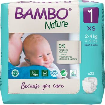 BAMBO Nature 1 Dětské plenkové kalhotky 2-4 kg 22 ks (Plenky 1 (2 - 5 kg)) - Hypoalergenní, Jednorázové, Neparfémované, Plenkové, Přebalovací, 2vrstvé, Ekologické