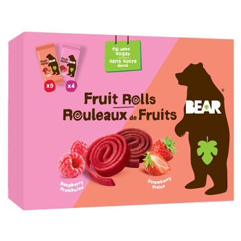 BEAR Fruit Rolls jahoda a malina ovocné rolované plátky 9 x 20 g (Bezlepkové tyčinky) - Sladké
