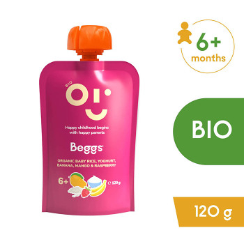BEGGS Dětská rýže s jogurtem banánem mangem a malinami 6m+ BIO 120 g