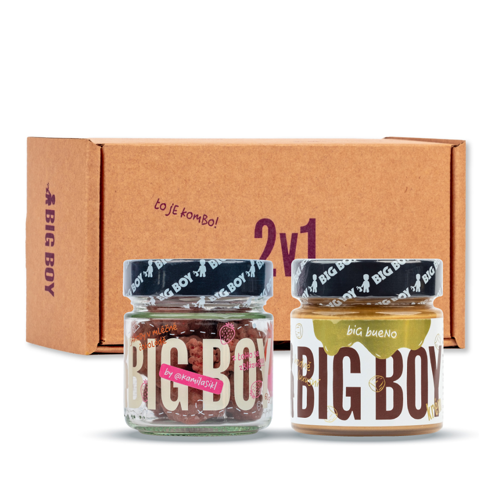 E-shop BIG BOY 2-pack Big Bueno lískooříškový krém 220 g + jahody v mléčné čokoládě 60 g