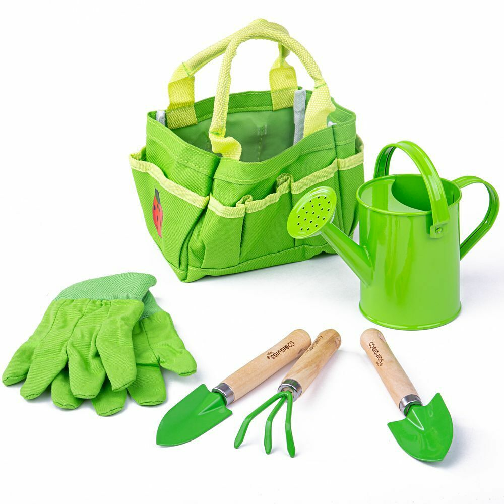 E-shop BIGJIGS Toys zahradní set nářadí v plátěné tašce zelený 6 ks