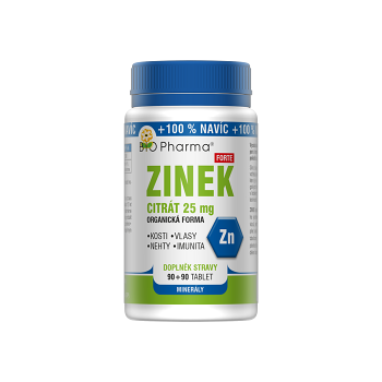 BIO PHARMA Zinek Citrát Forte 25 mg 90+90 tablet (Zinek) - Jednosložkové