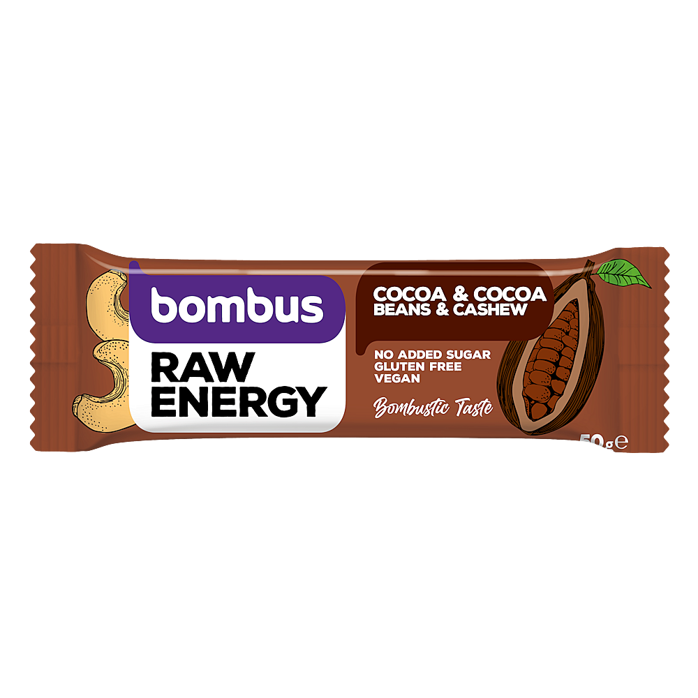 BOMBUS Raw energetická tyčinka kakao a kakaové boby 50 g