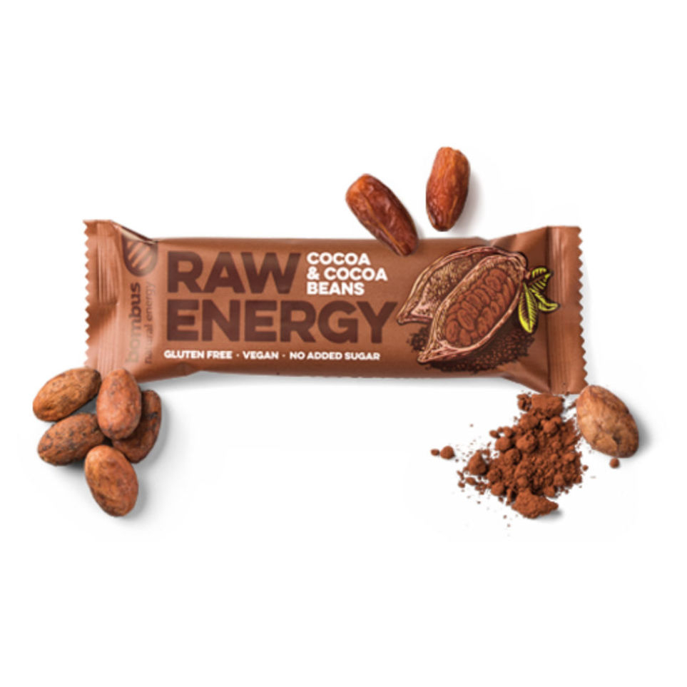 BOMBUS Raw energetická tyčinka kakao a kakaové boby 50 g