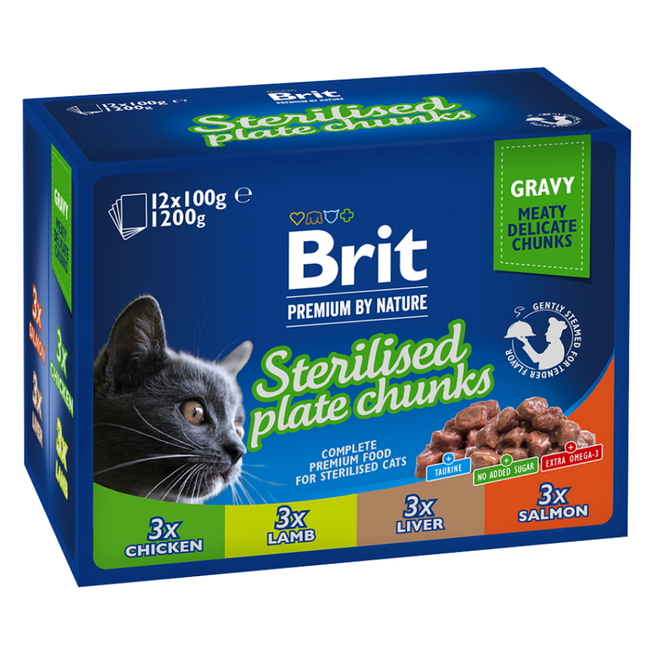 Levně BRIT Premium Sterilised Plate kapsičky pro kastrované kočky 12 x 100 g