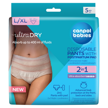 CANPOL BABIES Jednorázové poporodní kalhotky 2v1 L/XL 5 kusů (Poporodní kalhotky) - Hypoalergenní, Pooperační, Absorpční, Jednorázové, Porodnické, Prodyšné, Extra jemné