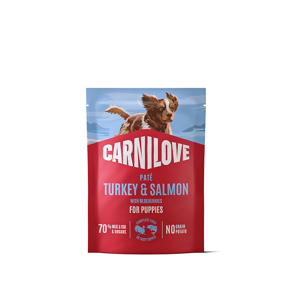 CARNILOVE Kapsička s paštikou pro štěňata krůta, losos, borůvky 300 g