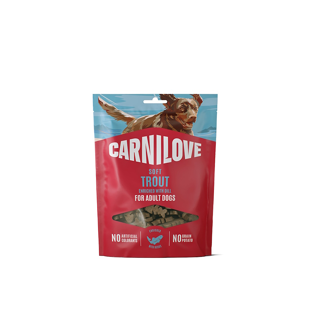 CARNILOVE Dog soft snack pamlsek pro psy pstruh s koprem 200 g