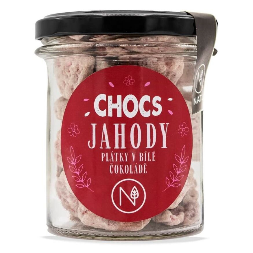 E-shop NATU Chocs jahody plátky v 33% bílé čokoládě sklenička 80 g