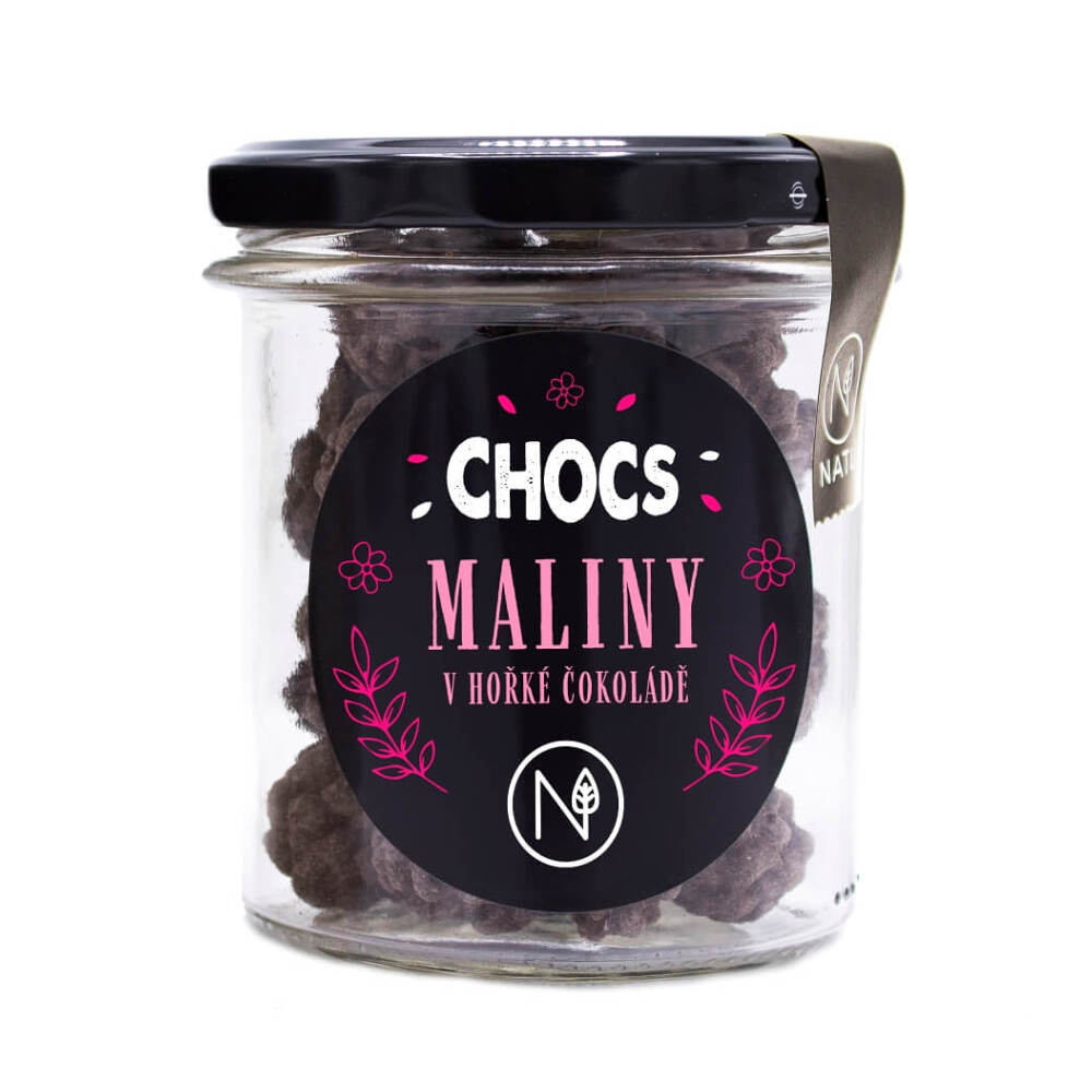 E-shop NATU Chocs maliny v 70% hořké čokoládě sklenička 90 g