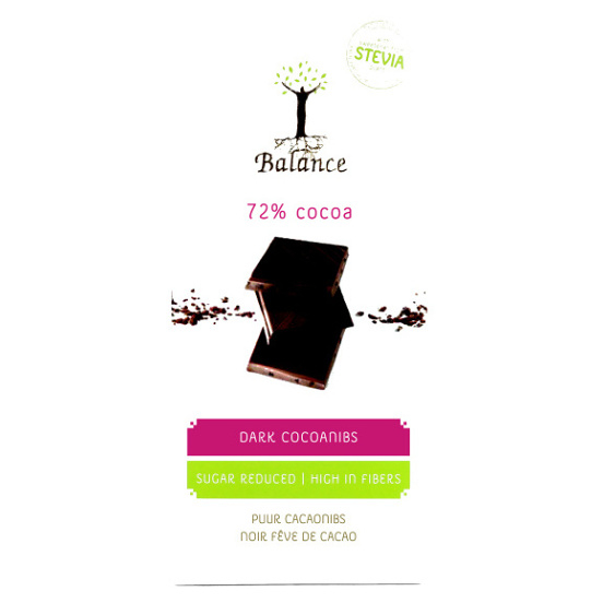 E-shop BALANCE Hořká čokoláda 72 % s kakaovými zrny a stévií bez přidaného cukru 85 g