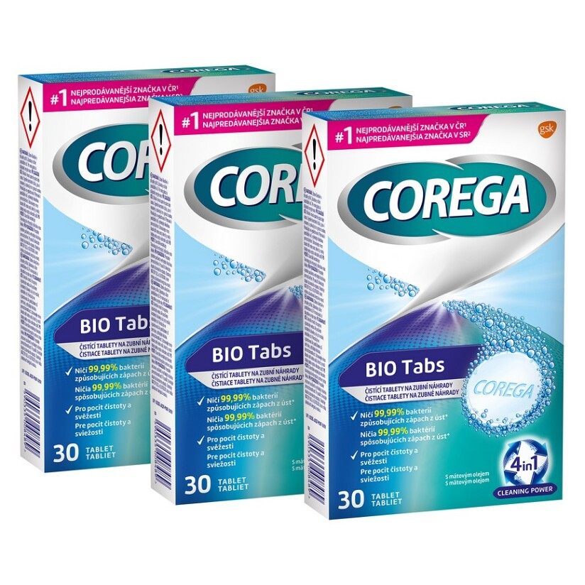 Levně COREGA Bio tabs antibakteriální tablety pro zubní náhrady 3 x 30 kusů