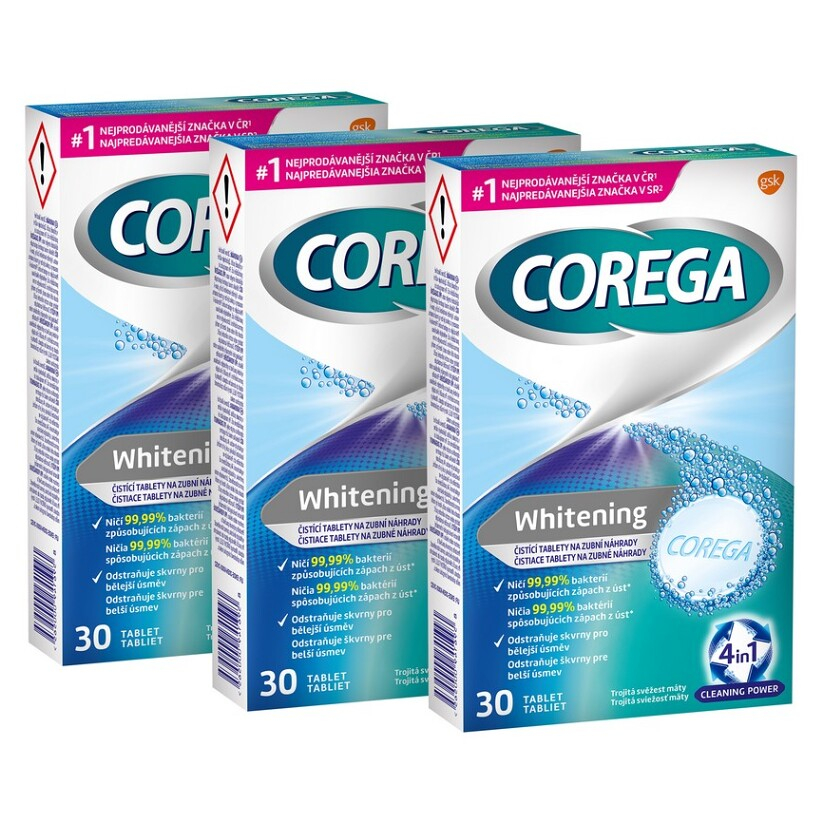 COREGA Whitening antibakteriální tablety 3 balení 30 kusů