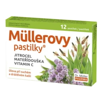 DR. MÜLLER Müllerovy pastilky s jitrocelem, mateřídouškou a vitaminem C 12 pastilek (Na bolest v krku) - Bylinné