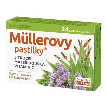 DR. MÜLLER Müllerovy pastilky s jitrocelem, mateřídouškou a vitaminem C 24 pastilek (Na bolest v krku) - Bylinné