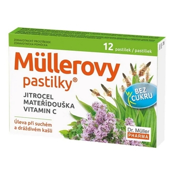 DR. MÜLLER Müllerovy pastilky s jitrocelem, mateřídouškou bez cukru 12 pastilek (Bolest v krku) - Bylinné