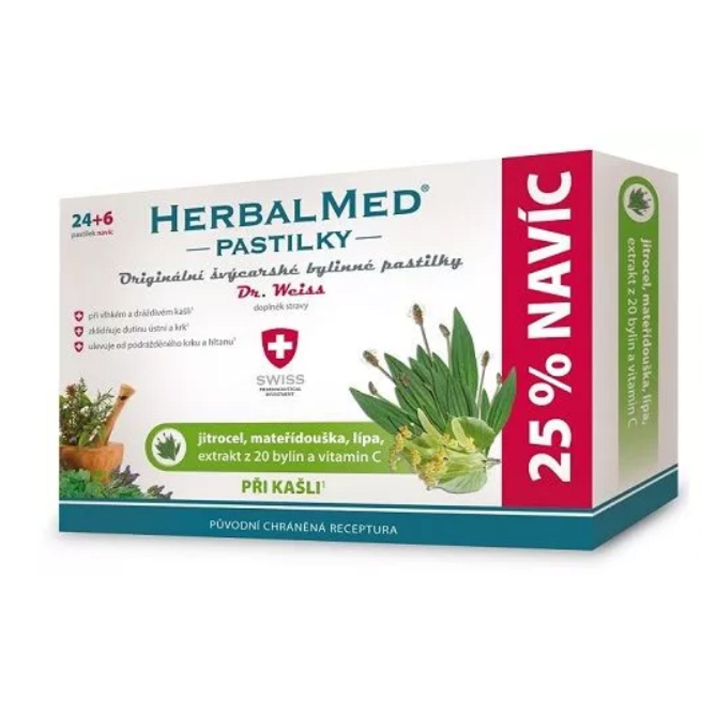 E-shop DR. WEISS HerbalMed jitrocel + mateřídouška + lípa + vitamín C 24+6 pastilek