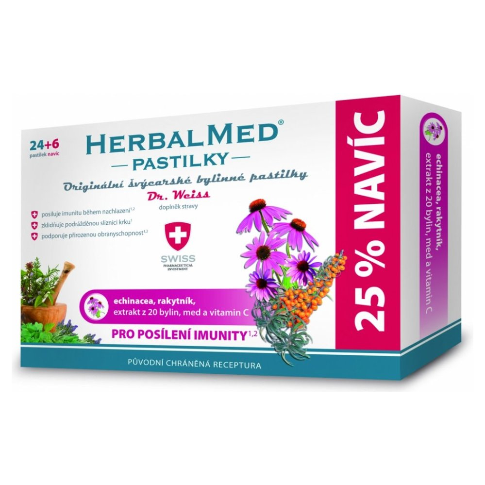 Levně DR. WEISS HerbalMed pastilky Echinacea + rakytník + vitamín C 24+6 pastilek